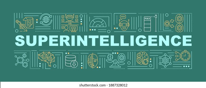 Super intelligence word concepts banner. Machine learning. Innovative technology. Infographics with linear icons on green background. Isolated typography. Vector outline RGB color illustration