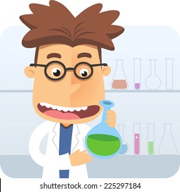 Super intelligent geek nerd holding a test tube at laboratory vector illustration.