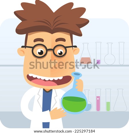 Super intelligent geek nerd holding a test tube at laboratory vector illustration.