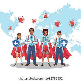 super interracial doctors staff with hero cloak vs covid19 vector illustration design