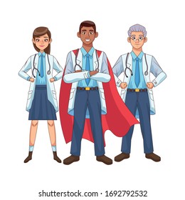 super interracial doctors staff with hero cloak vs covid19 vector illustration design