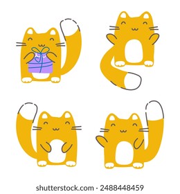 Super Kawaii Cute Cats set. Adorable Cat with a gift, with paws raised in greeting, with paws on the belly. Icons, stickers, cute domestic cats
