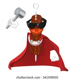 Super Kebab man is wearing the sunglasses and red cloak loves to throw the hammer