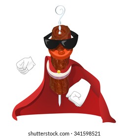Super Kebab man is wearing sunglasses and red cloak