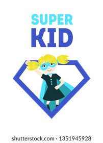 Super Kid Banner, Cute Girl in Superhero Costume and Mask, Birthday Invitation Card Template Vector Illustration
