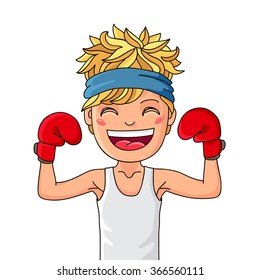 Super Kid. Boy athlete. Small person in a white shirt and red boxing gloves. Vector illustration on white background.