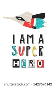 Super Kid - Super Hero. Cute and fun kids nursery poster with elephant animal and hand drawn lettering.