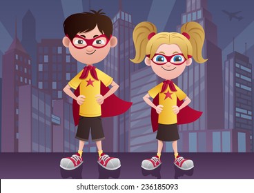 Super Kids City: Super kids posing in front of cityscape. No transparency used. Basic (linear) gradients. A4 proportions.