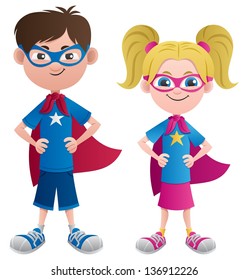 Super Kids: Illustration Of 2 Super Kids: Super Boy And Super Girl. No Transparency Used. Basic (linear) Gradients.