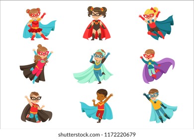 Super kids set, boys and girls in superhero costumes colorful vector Illustrations