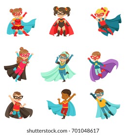 Super Kids Set, Boys And Girls In Superhero Costumes Colorful Vector Illustrations