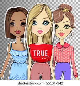 Super kit with Vector girls on a transparent background. Collection with cartoon people. Hand drawn teens in casual outfits. Stylish girlfriends. Fashion ladies. Beauty teenagers set. Little model.