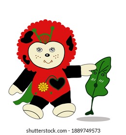 Super ladybug and his leaf friend on white background ,cute ladybug cartoon, red ladybug with friends ,ladybug and 1leaf,vector