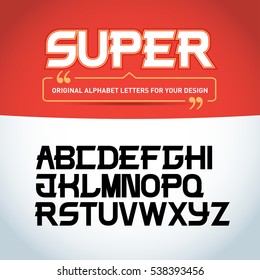 'Super letters' isolated on black background. Modern font. Latin alphabet letters. Alphabet. Modern geometric font for advertising, title or logo design. Vector Illustration.