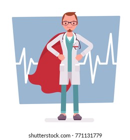 Super male doctor. Best trained, qualified clinic physician, hospital superhero with extraordinary or superhuman powers to save. Medicine and healthcare concept. Vector flat style cartoon illustration