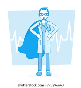 Super male doctor. Best trained, qualified clinic physician, hospital superhero with extraordinary or superhuman powers to save. Medicine and healthcare concept. Vector line art illustration