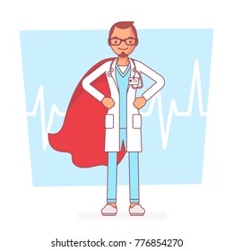 Super male doctor. Best trained, qualified clinic physician, hospital superhero with extraordinary or superhuman powers to save. Medicine and healthcare concept. Vector line art illustration