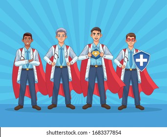 super male doctors staff with hero cloaks vs covid19 vector illustration design