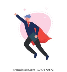 Super Man in Red Waving Cape Flying, Successful Superhero Business Character, Leadership, Challenge Goal Achievement Vector Illustration