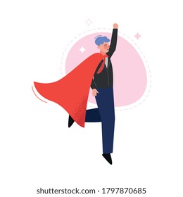 Super Man in Red Waving Cape Rising His Hand, Successful Superhero Business Person Character, Leadership, Challenge Goal Achievement Vector Illustration