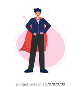 Super Man in Red Waving Cape Standing with Hands on His Waist, Successful Superhero Business Person Character, Leadership, Challenge Goal Achievement Vector Illustration