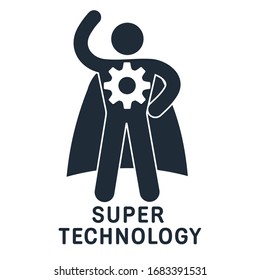Super man with a technology sign on his chest. Super Technology. Vector icon isolated on white background.