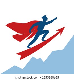 Super manager flies up on an arrow. Successful businessman in a red cloak. Arrow up on growing chart. Vector illustration for presentation. The topic of sales and profits. Blue, red, white colours.