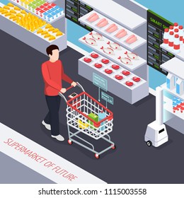 Super Market Of Future Isometric Composition, Buyer With Goods In Cart, Robot Scanner Near Shelves Vector Illustration 