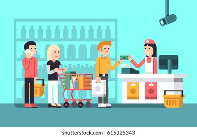 Super Market, Mall Interior With People, Saleswoman And Store Display Flat Vector Illustration. Supermarket With Buyer, Counter And Shopper In Market