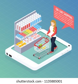 Super Market Online Isometric Composition, Shelves With Goods, Woman With Trolley On Mobile Device Screen Vector Illustration  