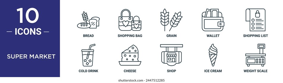 super market outline icon set includes thin line bread, shopping bag, grain, wallet, shopping list, cold drink, cheese icons for report, presentation, diagram, web design