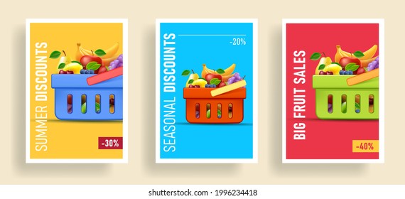 Super market posters with shopping basket full of fruits and beries, set of braight trendy layout poster or banner templates