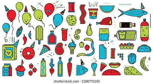 Super market vector illustration. Grocery store icons. pantry illustration. fish, bread, cheese, fruits, meat, party balloons. super market celebration