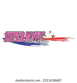 Vector de texto SUPER MATIC, pegatina de carreras de iconos, color rosa, para diseño libre.