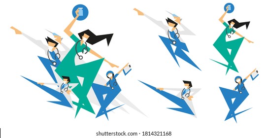 Super Medical Team Including Doctor, Nurse, Surgeon With Vaccine Ready. Vector Illustration. 