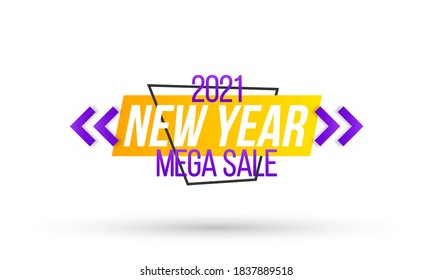 Super mega discounts. New year mega sale tag. Winter set vector web banners. Promotional design in flat style. Happy new year icon. Vector illustration, eps 10. 