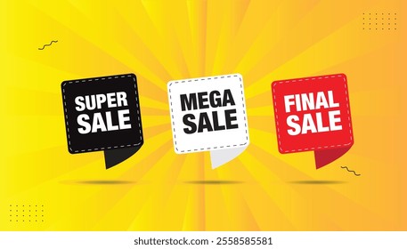 Super Mega Final Sales! Three editable EPS sticker label designs featuring bold black, white, and red shapes on vibrant orange-yellow gradient backgrounds. Perfect for eye-catching promotional graphic