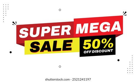 Super Mega Venda Até 50% Off Desconto Eye-Catching Venda Banner Templates com Negrito Vermelho Amarelo Preto e Branco Backgrounds Formas Elemento Exclusivo para Impulsionar suas Promoções e Designs Hoje