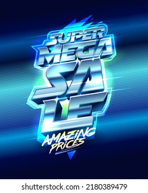 Super mega sale, amazing prices, vector web banner template with silver 3D lettering