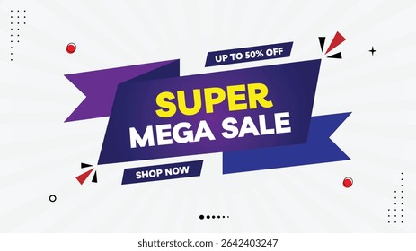 Super Mega Sale Banner Template – Up to 50% Off Shop Now! Black, Yellow, Red, Purple Gradient on White Background – Eye-Catching Element Shapes