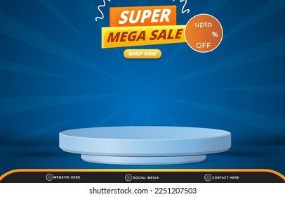 super mega sale discount template banner with blank space 3d podium for product sale with abstract gradient blue background design