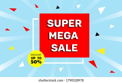 Super Mega sale or final sale banner, up to 50 % off shop now vector illustration with red and blue background 