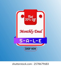 Super mega sale flat 70% discount and special offer tag, Mega offer social media template, Mega sale banner discount promotion template, Vector illustration, Blue banner.