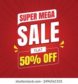 Super mega sale flat discount and special offer tag, Mega offer social media template, Mega sale banner discount promotion template, Vector illustration, Red banner.