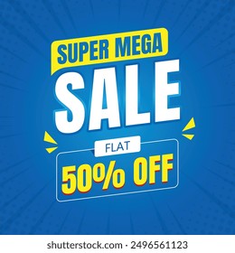 Super mega sale flat discount and special offer tag, Mega offer social media template, Mega sale banner discount promotion template, Vector illustration, Blue banner.