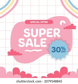 Super mega sale offer promotion banner with special abstract cute kawaii memphis element for baby kid children