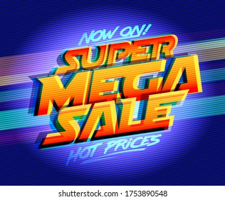 Afiche de letras vectoriales de supermega venta, precios calientes ahora en marcha, estilo de onda sintética