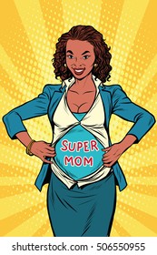 Super mom African businesswoman, pop art retro comic book vector illustration. Motherhood and pregnancy