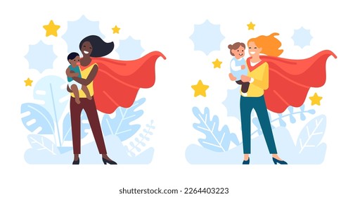 Super mom with baby in her arms. Happy parents with children. Superhero mothers holding sons or daughters. Strong women in cloaks. Childhood and parenthood. Vector hero