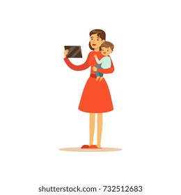 Super mom character with child, holding the tablet